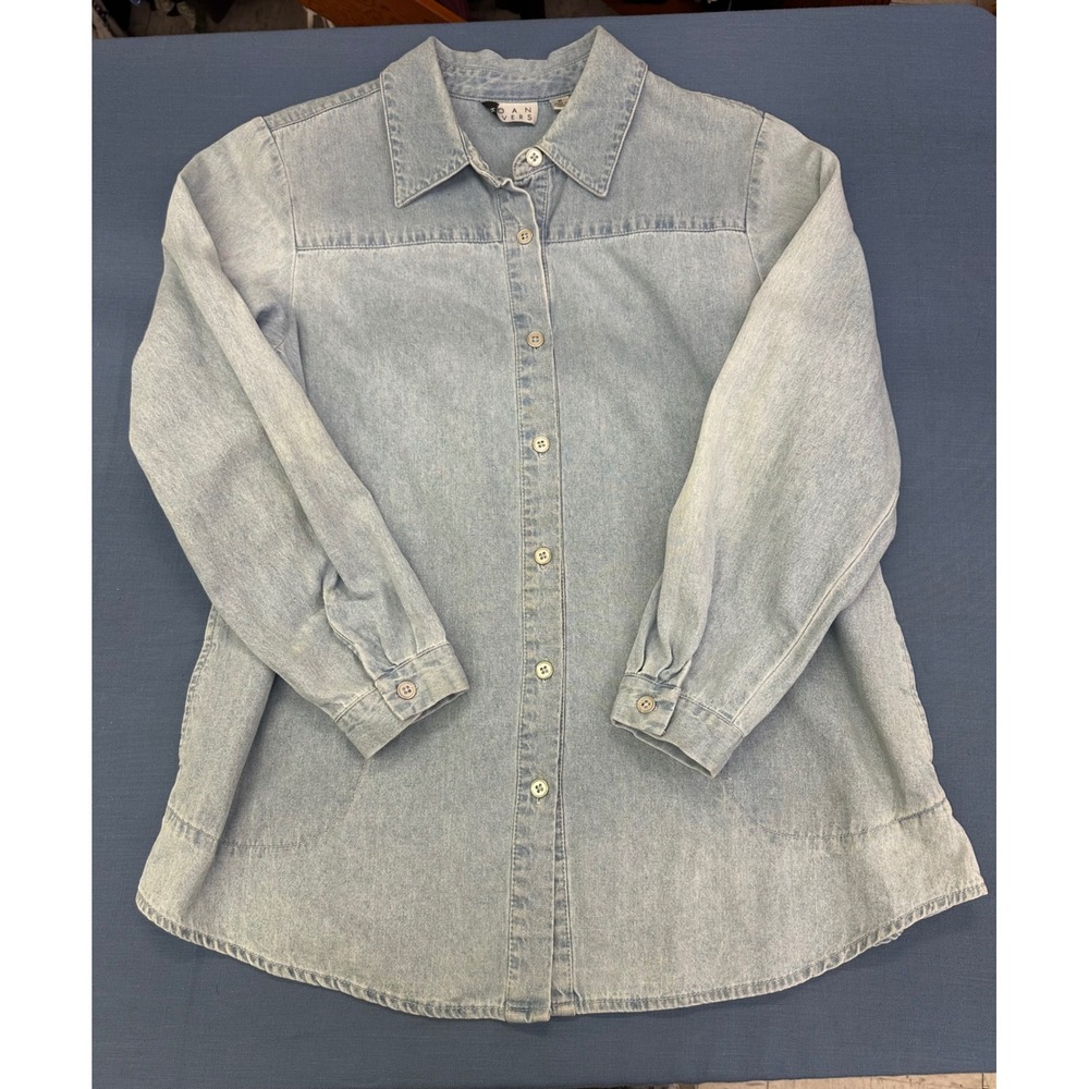 Joan Rivers Womens Medium Light Wash Denim Button Down Shirt Long Sleeve Blue